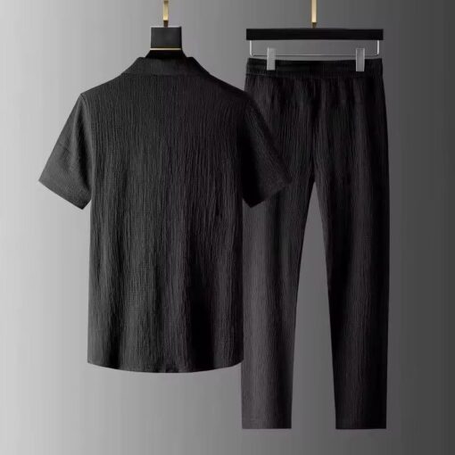 Summer Men 2 Piece Suits Short Sleeve Tops Long Pants Solid Color Polo Lapel Collar Button Elastic Waist Trousers Tracksuit available in all sizes