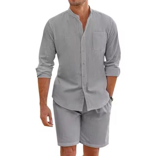 Summer Men's Casual Sets Breathable Vintage Stand Collar Shirts - Image 4