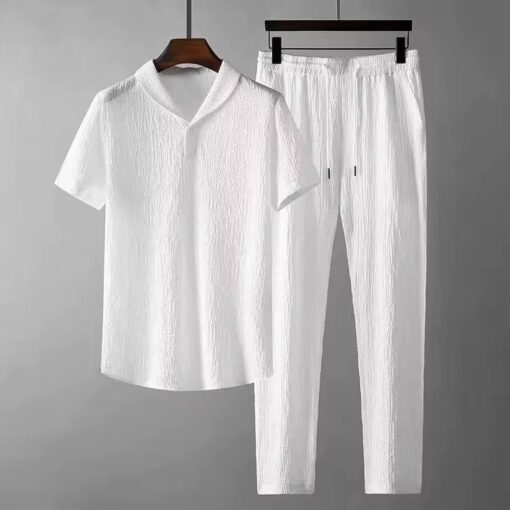 Summer Men 2 Piece Suits Short Sleeve Tops Long Pants Solid Color Polo Lapel Collar Button Elastic Waist Trousers Tracksuit available in all sizes - Image 2