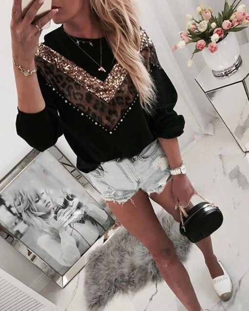 High Quality  New Sequined Leopard Stitching  Women's Long-sleeved