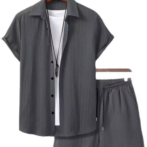 Men's Striped Short Sleeve Jacquard Shirt Trade Fashion Trendy Button-Down Collar Set Casual Style for Summer available in all sizes - Image 3