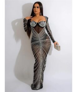Sexy Transparent Sequins Rhinestone Ball Party Gowns Women Formal Birthday Wedding Prom Long Dress Bodycon Club Evening Dress