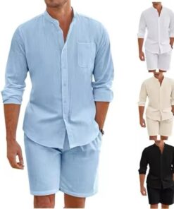Summer Men's Casual Sets Breathable Vintage Stand Collar Shirts