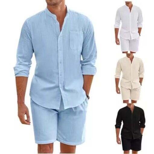 Summer Men's Casual Sets Breathable Vintage Stand Collar Shirts
