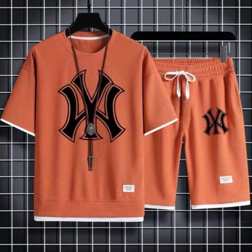 2024 Summer Fashion Men's Waffle Short Sleeve Suit + Sweatpants 2 Piece Set Feel Comfortable Fabric available in all sizes