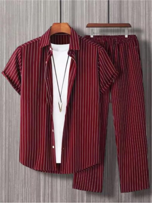 Men's Wear Striped Short Sleeve Shirt Sets Button-up Lapel Suit Fashionable Trendy Men's Outfit available in all sizes - Image 3
