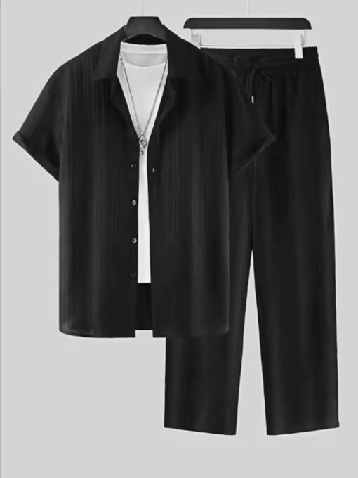 Men's Wear Striped Short Sleeve Shirt Sets Button-up Lapel Suit Fashionable Trendy Men's Outfit available in all sizes - Image 6