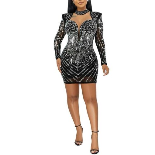 Club Dresses Lace Mesh Bodycon Parti Dress Diamonds Bodycon Mini Dress - Image 3