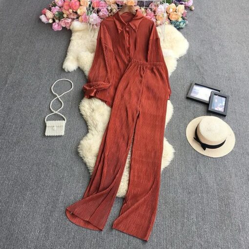 Women Casual Loose Long Sleeve Shirt High Waist Wide Leg Trousers 2 Pieces - Image 2