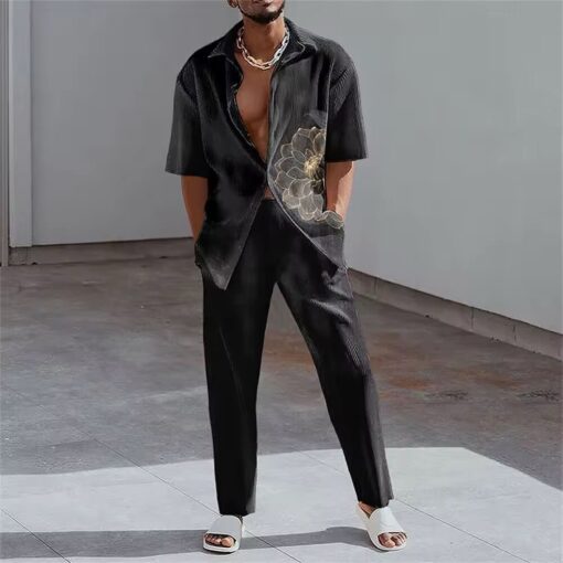 S-5XL Trendy and Fashionable Lapel Short Sleeved Shirt Loose Pants Casual men - Image 4