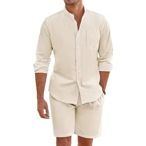 Summer Men's Casual Sets Breathable Vintage Stand Collar Shirts - Image 3
