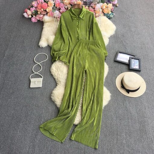 Women Casual Loose Long Sleeve Shirt High Waist Wide Leg Trousers 2 Pieces