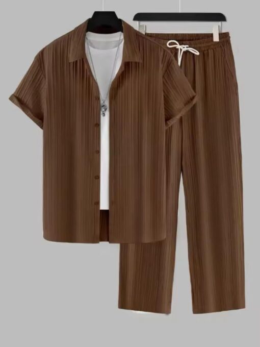 Men's Wear Striped Short Sleeve Shirt Sets Button-up Lapel Suit Fashionable Trendy Men's Outfit available in all sizes - Image 5